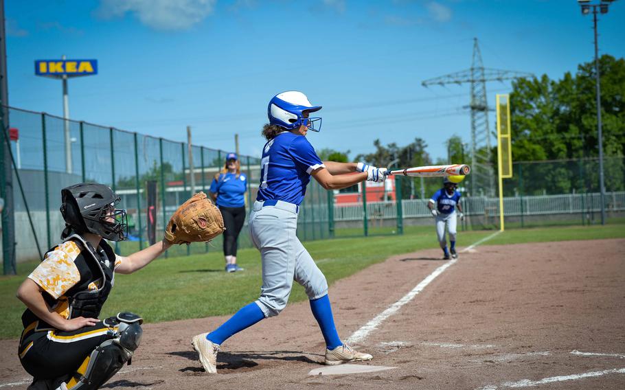 Ramstein’s Keilani Gonzalez takes a swing against Stuttgart during the DODEA-Europe Softball Championships in Kaiserslautern, Germany, May 18, 2023. 