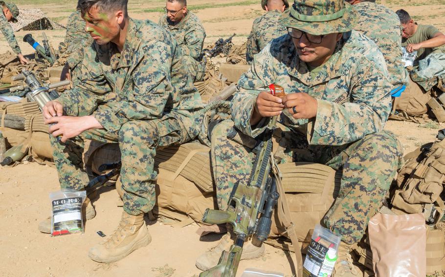 Marines at Camp Pendleton, Calif., test new enhancement packs to their Meal, Ready to Eat field rations in an undated photo. The U.S. Army’s Consumer Research Team solicited feedback on the new enhancement packs, which include energy gels and protein drinks.