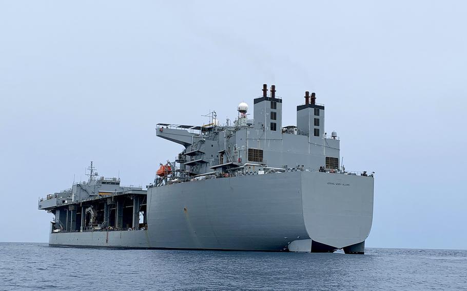 The expeditionary sea base USS Hershel "Woody" Williams sails near the coast of Ghana on May 1, 2024. 
