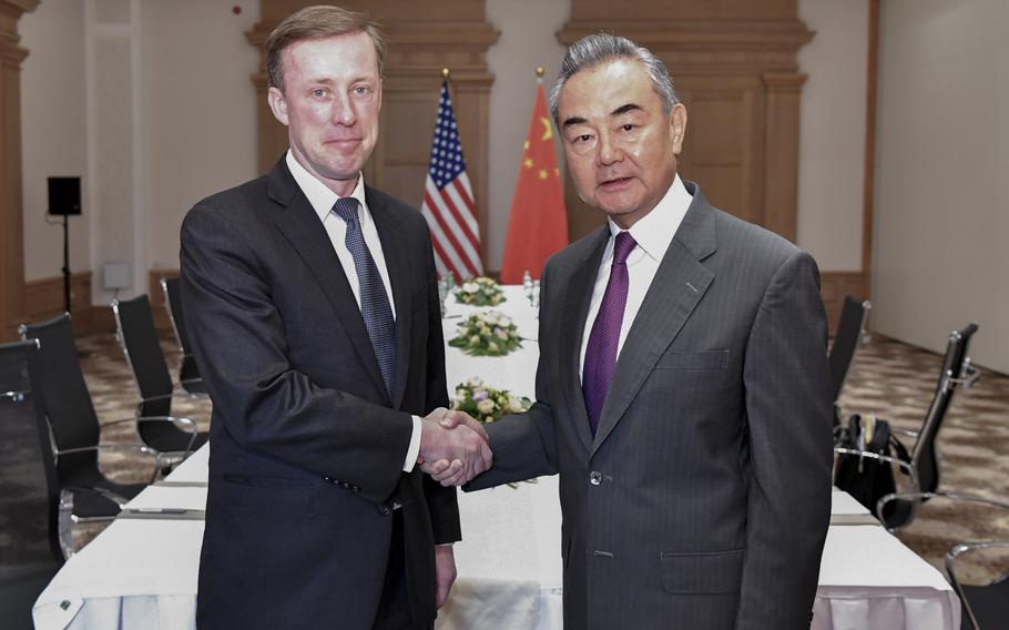 China Foreign Minister Wang Yi, right, shakes hands with U.S. National Security Advisor Jake Sullivan in Malta on Sept. 16, 2023. 