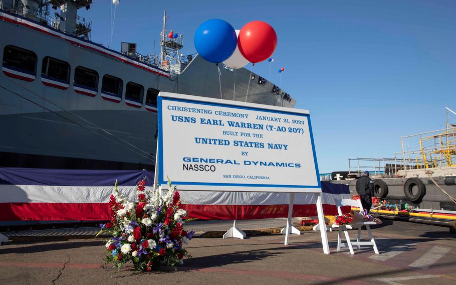 The USNS Earl Warren, a John Lewis-class replenishment oiler, was christened Jan. 21, 2023, in San Diego.