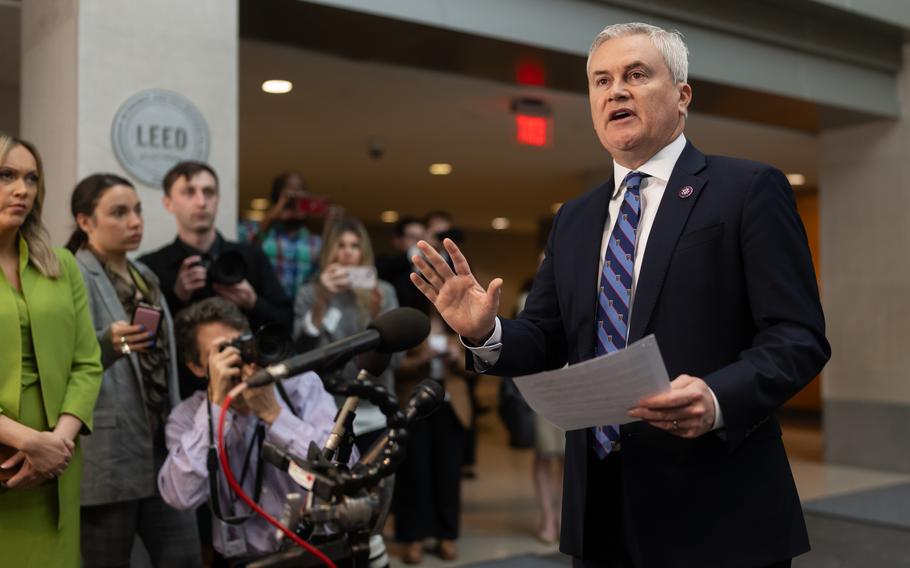 Rep. James Comer (R-Ky.), chairman of the House Oversight Committee, speaks to reporters before a deposition by Hunter Biden. 