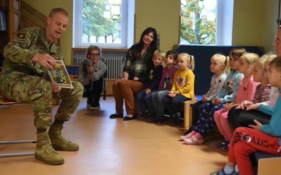 Maj. Gen. Derek France, 3rd Air Force and Kaiserslautern Military Community commander, reads “Where the Wild Things Are” to children at Villa Winzig kindergarten in Dansenberg, Germany, on Thursday, Oct. 13, 2022. The school participates in an early English learning program supported by the U.S. military and the state of Rheinland-Pfalz. 