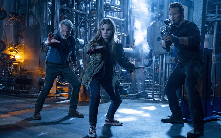 From left: Sam Neill, Isabella Sermon and Chris Pratt are three of the stars of “Jurassic World Dominion,” now playing in select AAFES theaters.
