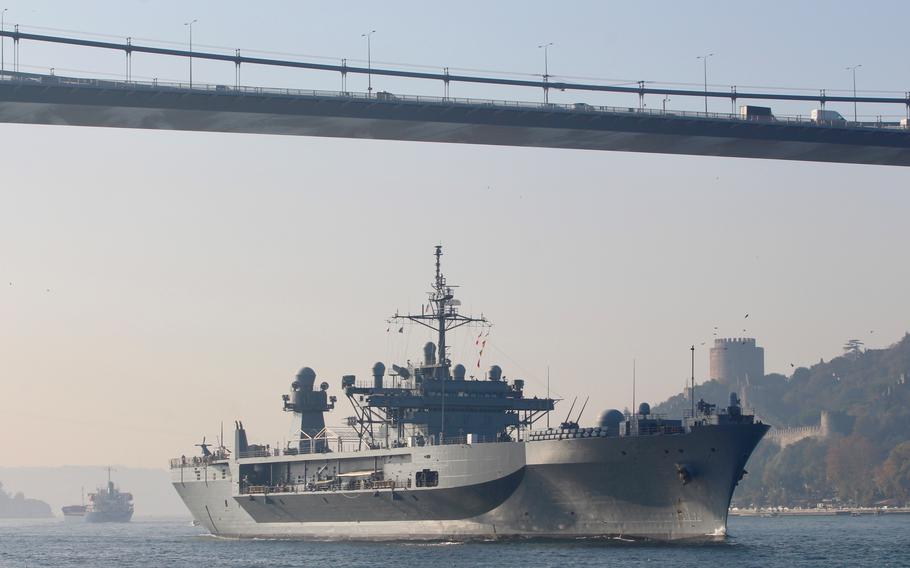 The USS Mount Whitney transits the Bosporus,  entering the Black Sea near Istanbul, Nov. 4, 2021.  The arrival of U.S. warships has again drawn attention from Russian senior leaders. 