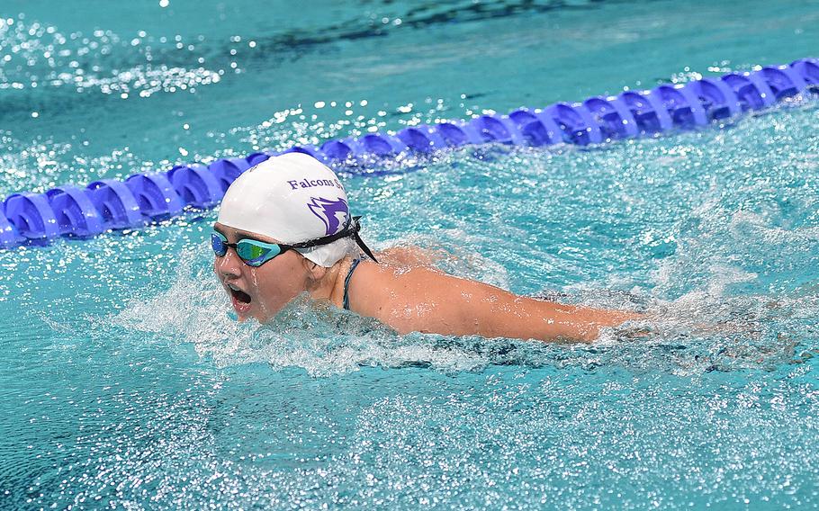 Jill Jennings, competing unattached from Bahrain, swims the butterfly leg of the 11-year-old girls 200-meter individual medley during the European Forces Swim League Short-Distance Championships on Feb. 11, 2024, at the Pieter van den Hoogenband Zwemstadion at the Nationaal Zwemcentrum de Tongelreep in Eindhoven, Netherlands.