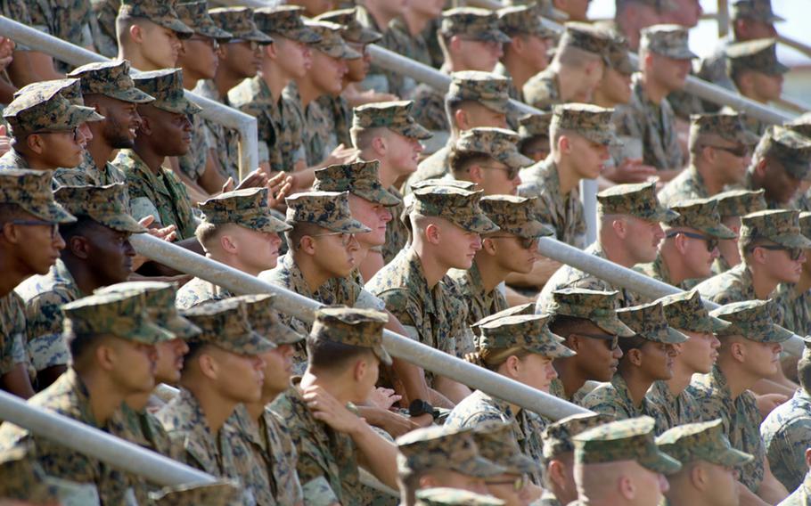 Members of the 3rd Marine Division mark the division’s 80th anniversary with a ceremony at Camp Hansen, Okinawa, Wednesday, Sept. 14, 2022.