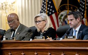Rep. Bennie Thompson, R-Miss., left, chairman of the House Jan. 6 committee, with Reps. Liz Cheney, R-Wyo., and Adam Kinzinger, R-Ill., at a hearing in the Cannon House Office Building in Washington, D.C., on Dec. 1, 2021. 