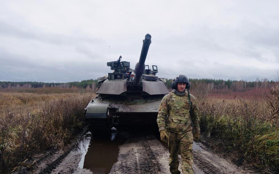 Staff Sgt. Jaden Brown, a tank commander with Alpha “Ares” Company, 3rd Battalion, 67th Armored Regiment, in Lithuania during the Strong Griffin 2023 exercise in November.