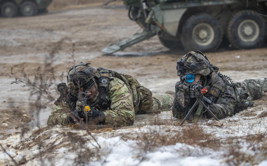 Soldiers from the 2nd Infantry Division and South Korea’s Tiger Demonstration Brigade train using Strykers and K808 White Tiger infantry fighting vehicles at Mugeonri Training Field in Paju, South Korea, Friday, Jan. 13, 2023.