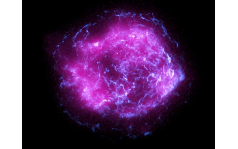 This image of the supernova remnant Cassiopeia A combines some of the first X-ray data collected by NASA’s Imaging X-ray Polarimetry Explorer, shown in magenta, with high-energy X-ray data from NASA’s Chandra X-Ray Observatory, in blue. 