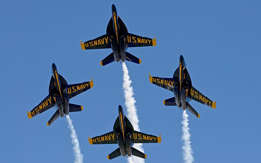 The Blue Angels perform at the Beyond the Horizon Air and Space Show at Maxwell Air Force Base in Montgomery, Ala. 