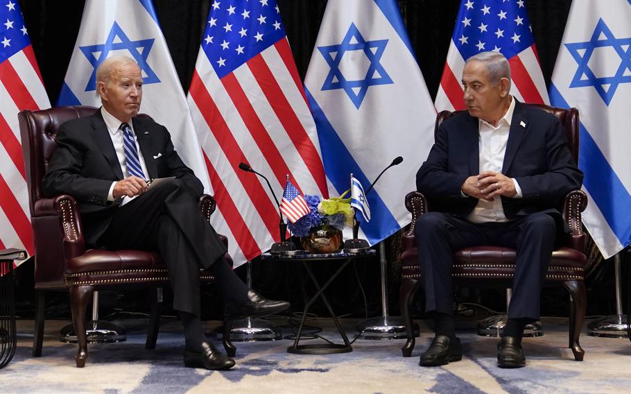 Joe Biden and Benjamin Netanyahu participate in an expanded bilateral meeting with Israeli and U.S. government officials in Tel Aviv in October 2023.