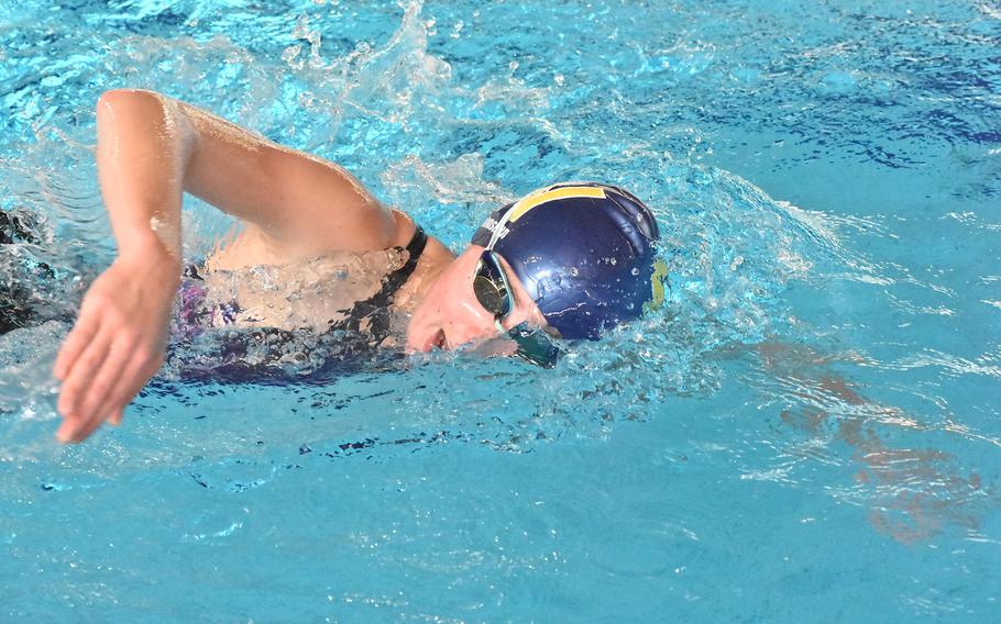 Wiesbaden's Kendall Kaloostian swims in a heat of the girls 1,500-meter freestyle at the European Forces Swim League Long Distance Championships on Sunday, Nov. 27, 2022 in Lignano Sabbiadoro, Italy.
