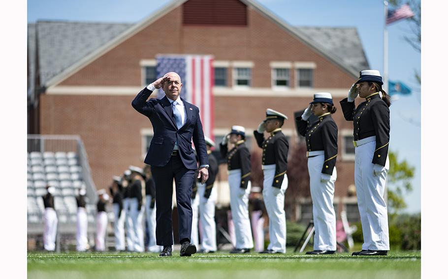 Secretary of Homeland Security Alejandro Mayorkas delivered the keynote address at the Coast Guard Academy during the 142nd Commencement ceremony on May 17, 2023.