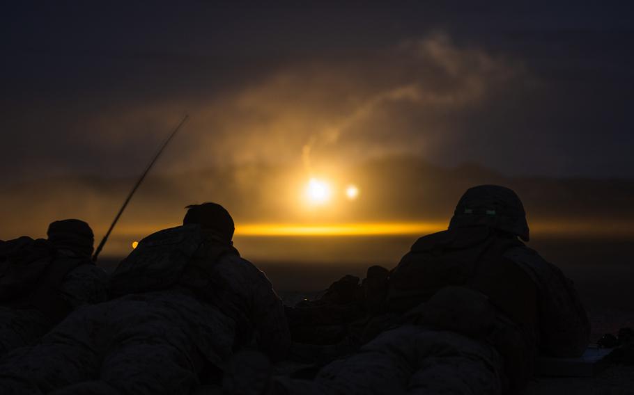 U.S. Marines with 1st Marine Division call for fire using illumination rounds as part of a fire support coordination exercise during Steel Knight 23 at Marine Corps Air Ground Combat Center Twentynine Palms, Calif., Dec. 1, 2022. 
