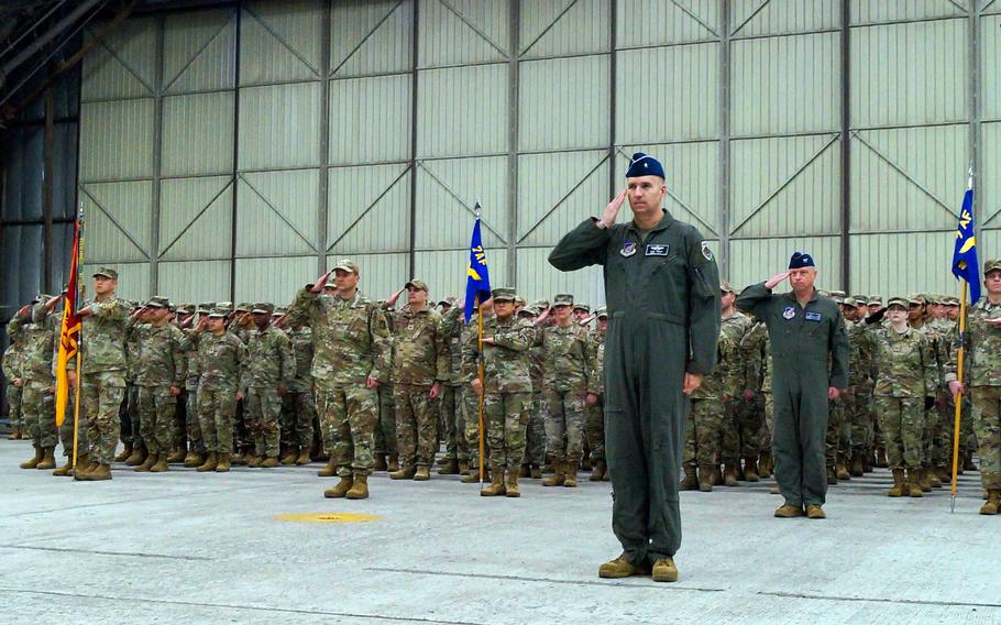 Airmen salute new 7th Air Force commander Lt. Gen. David Iverson during a ceremony at Osan Air Base, South Korea, Jan, 30, 2024. 