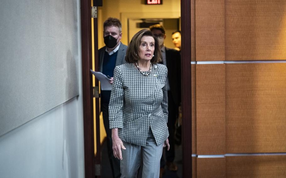 House Speaker Nancy Pelosi, D-Calif., arrives to speak at her weekly news conference on Capitol Hill on March 3, 2022. 