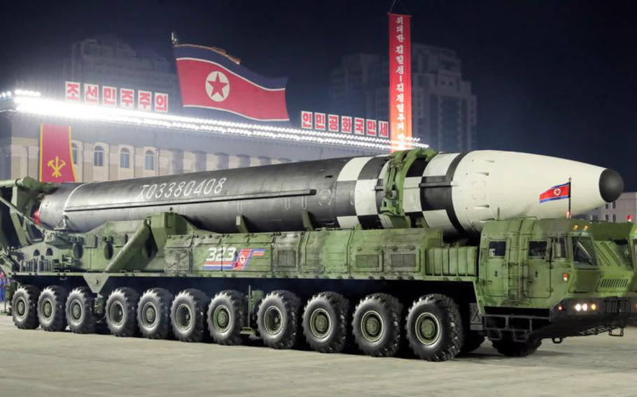 North Korea parades an intercontinental ballistic missile, presumably a Hwasong-16, through Kim Il Sung Square in Pyongyang, Oct. 10, 2020.