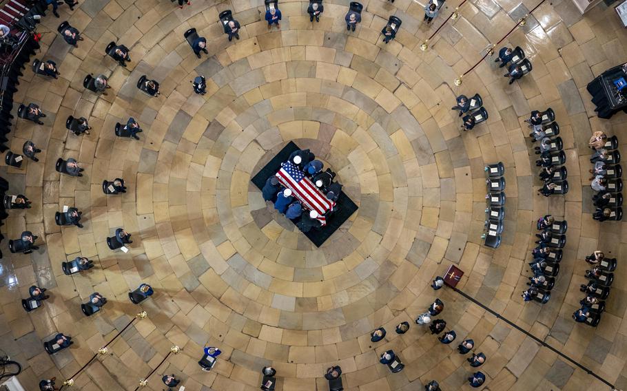 The casket of former Sen. Harry Reid, D-Nev., arrives in the Rotunda of the U.S. Capitol on Wednesday, Jan. 12, 2022, in Washington, where he will lie in state.