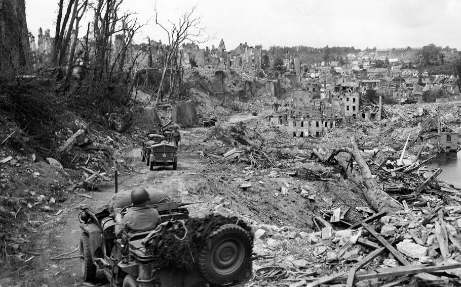 The French town of Saint-Lo is left in rubble and ruin following some of the bitterest fighting in World War II. The town was 95% destroyed before it was captured from Germans on July 18, 1944. The victories in Normandy and Northern France paved the way for the Allies triumphant entry into Paris in August 1944.