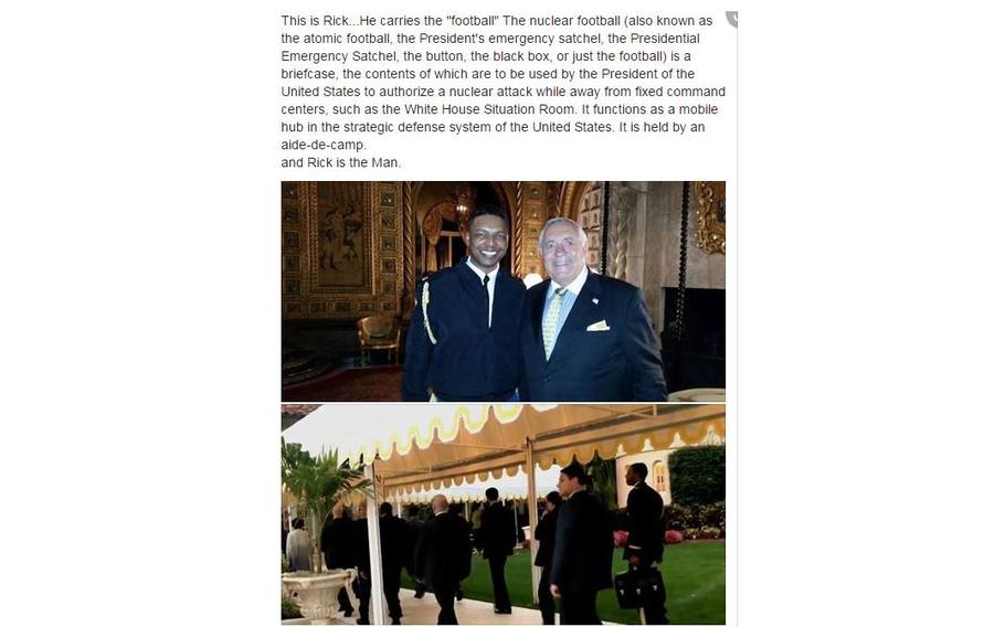 In February 2017, a member of Trump’s exclusive Mar-a-Lago club identified as “Rick” posted a photo of himself on Facebook with the aide who was carrying the football at the time, raising security concerns.