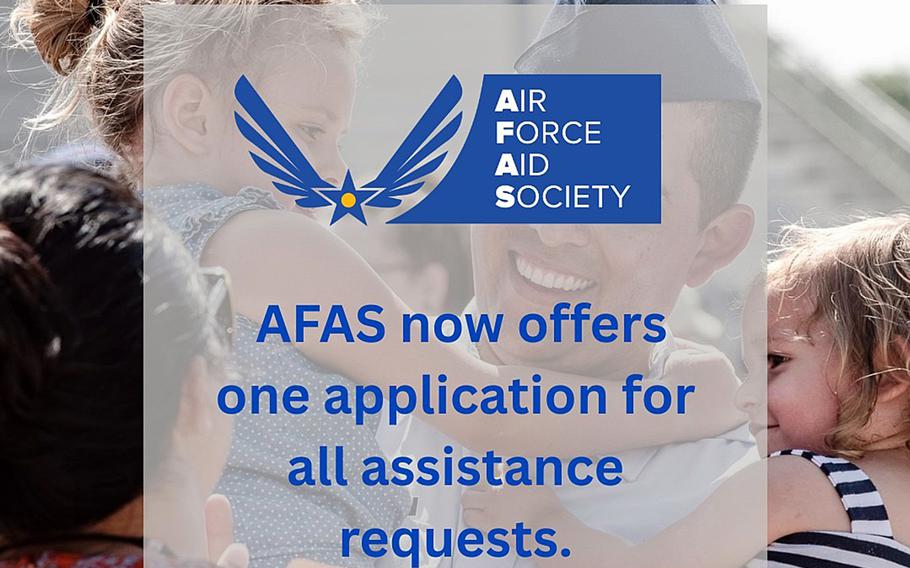 A notice from the Air Force Aid Society overlaid on an image of an airman with his family.