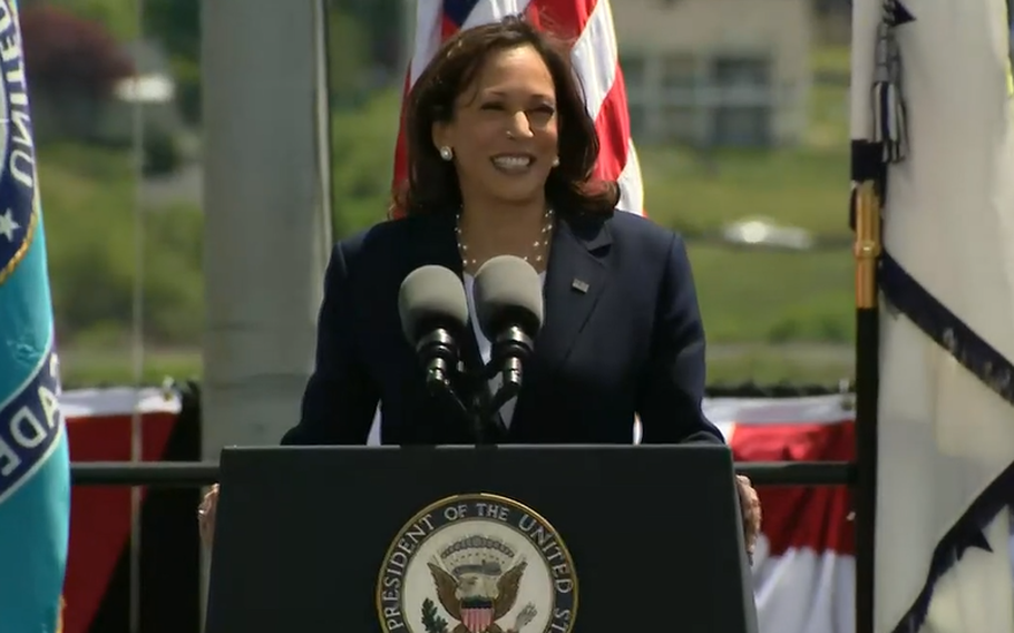Vice President Kamala Harris delivered the keynote address during the 141st Commencement Exercises of the Coast Guard Academy on Wednesday in New London, Conn.