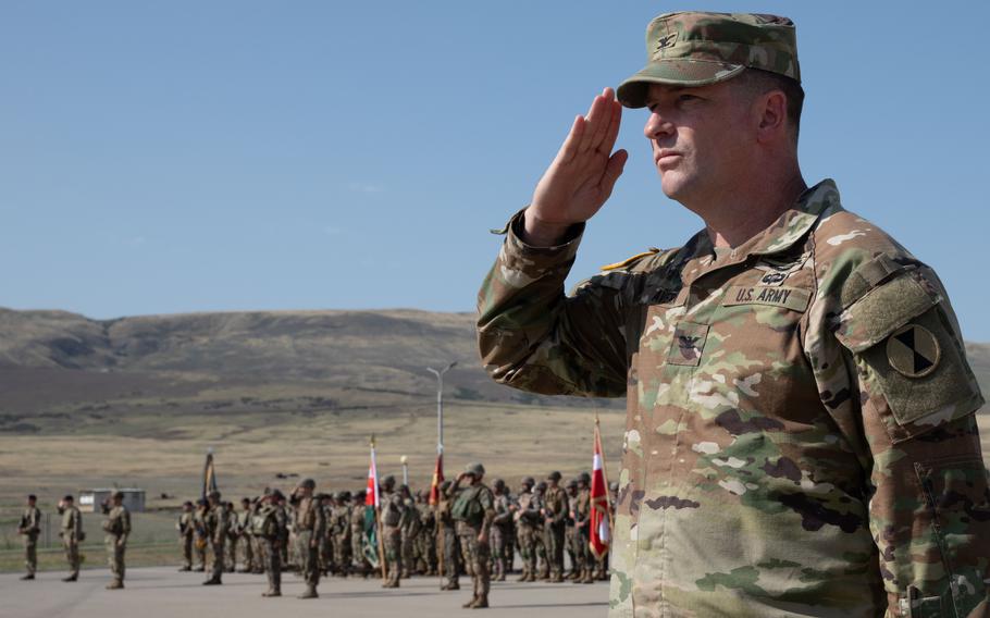 Col. John Avera of the Georgia Army National Guard salutes during the opening ceremony of exercise Agile Spirit at Krtsanisi Training Area, Georgia, on Aug. 21, 2023.