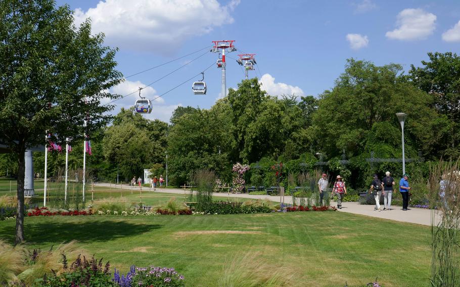 A cable car takes visitors to the  Bundesgartenschau, or BUGA, in Mannheim, Germany, from the Luisenpark, seen here, to the show’s other location at Spinelli Park and back again.