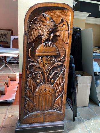 A 120-year-old, hand-carved gangway board from the old battleship USS Kentucky at the Washington Navy Yard’s current Navy museum on Dec. 13, 2022. 