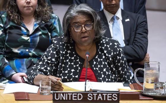 U.S. Ambassador and Representative to the United Nations Linda Thomas-Greenfield addresses members of the Security Council on April 24, 2024.
