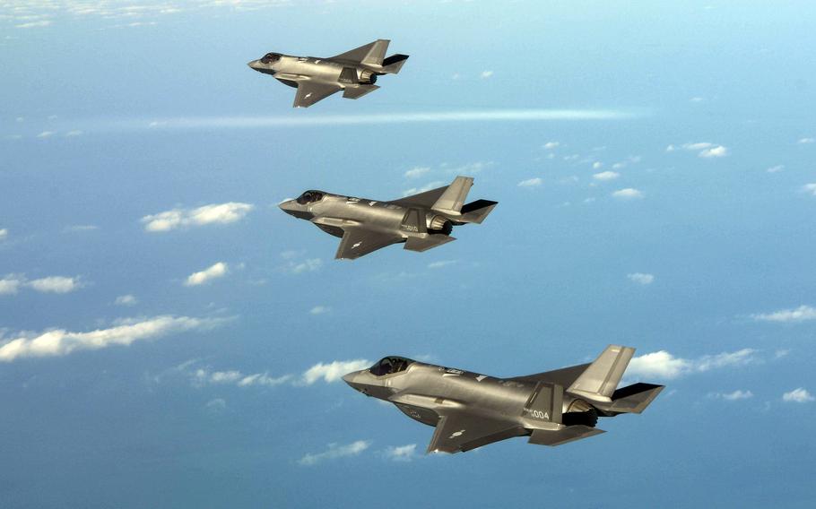 South Korean F-35A Lightning II stealth fighters fly over the Korean Peninsula, Dec. 20, 2022. 