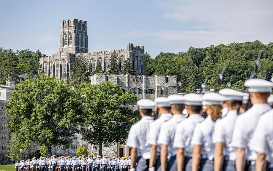 Cadets from the Class of 2027 march on the Plain, marking their acceptance into the Corp of Cadets during Acceptance Day on Aug. 12, 2023, at the U.S. Military Academy at West Point, N.Y.