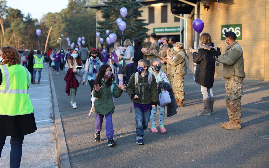 Elementary school students return to school at Ramstein Air Base, Germany, April 14, 2021. Nearly a year later, masks at Defense Department schools in Europe may become optional, depending on local guidance.