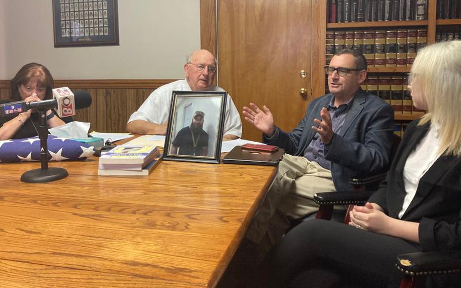 Retired Air Force Col. Andy Pears talks about the July 28 shooting death of his son, Afghanistan War veteran Jonathan Pears, by an Elmore County deputy . From left, Mary Pears, attorney Julian McPhillips and Kayleigh Pears.