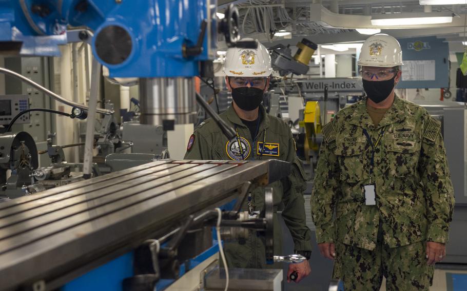 PCU John F. Kennedy Commanding Officer Capt. T. R. Marzano inspects the machine shop aboard USS John F. Kennedy (CVN 79) before the crew takes ownership of the space from Huntington Ingalls Shipbuilding. Newport News Shipbuilding has hit a milestone in its multibillion-dollar, multiyear project building the carrier John F. Kennedy, as it turns over the 1,000th compartment inside the ship to its crew.