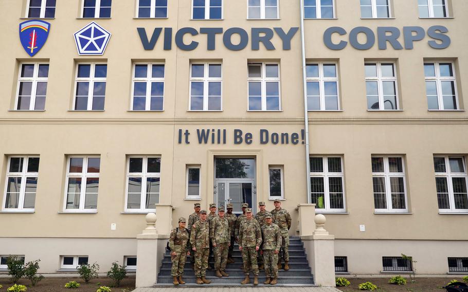 Lt. Gen. Donna W. Martin, inspector general of the U.S. Army, poses with soldiers assigned to V Corps in front of the corps’ forward headquarters in Poznan, Poland, May 22, 2022. A Chicago Council poll found that 62% of Americans polled back long-term bases in Poland, up from 47% in 2018.