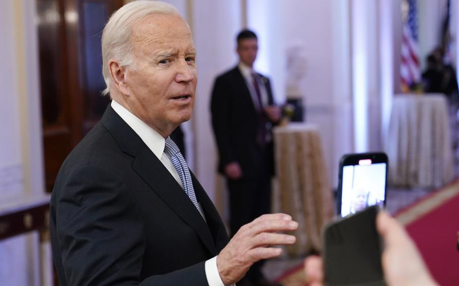 President Joe Biden talks with reporters after speaking in the East Room of the White House in Washington, Jan 20, 2023. Senior Democratic lawmakers turned sharply more critical Sunday of Biden’s handling of classified materials after the FBI discovered additional items with classified markings at Biden’s home.