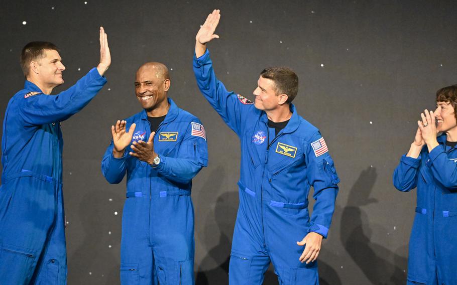The crew of NASA’s Artemis II mission, from left: Canadian Space Agency astronaut Jeremy Hansen and NASA astronauts Victor Glover, Reid Wiseman and Christina Hammock Koch, on April 3, 2023.