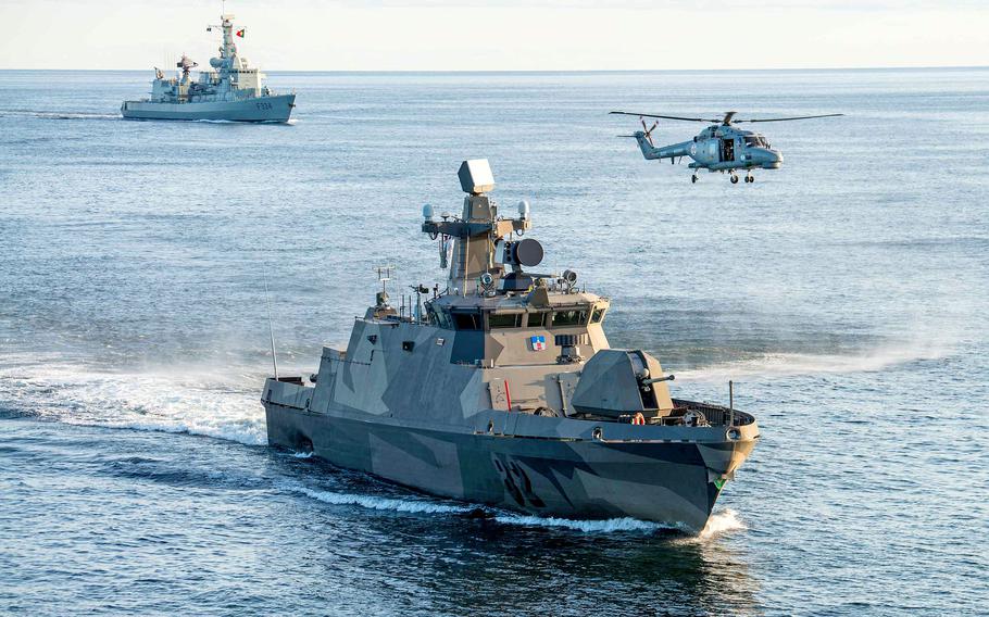 The Finnish ship FNS Hanko sails with Standing NATO Maritime Group One during a passing exercise in the Baltic Sea in 2017. Should Finland and Sweden join NATO, they could help the U.S. Navy and Marine Corps develop tactics useful in deterring China in parts of the Indo-Pacific region.