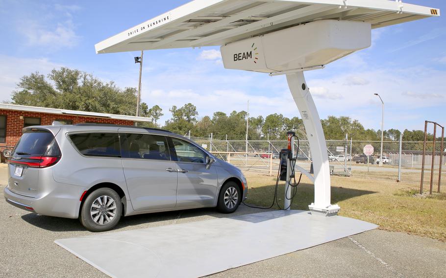 The U.S. Marine Corps placed an order last year for 21 mobile solar-powered electric vehicle charging systems. Marine Corps Logistics Base Albany was among those to benefit, receiving one unit. 