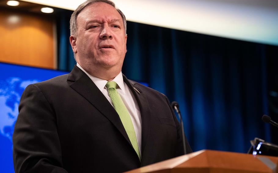 Then-Secretary of State Mike Pompeo speaks to the press at the State Department in Washington, D.C., on May 20, 2020. 