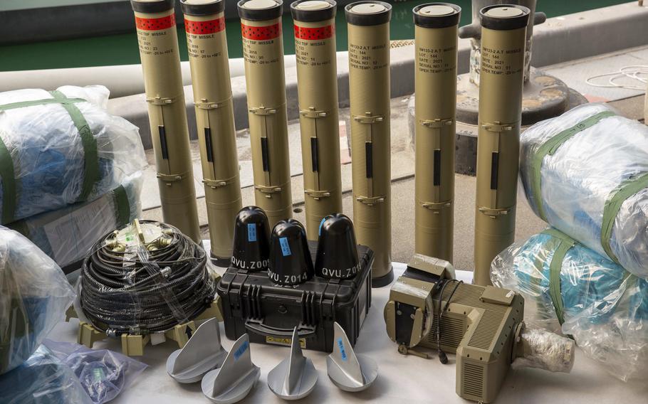 Anti-tank missiles and medium-range ballistic missile components seized by the United Kingdom Royal Navy at an undisclosed location in the Middle East on Feb. 26, 2023. 