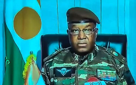 A video screen grab shows Gen. Abdourahmane Tchiani, who announced on Friday, July 28, 2023, that he is the new leader of Niger.