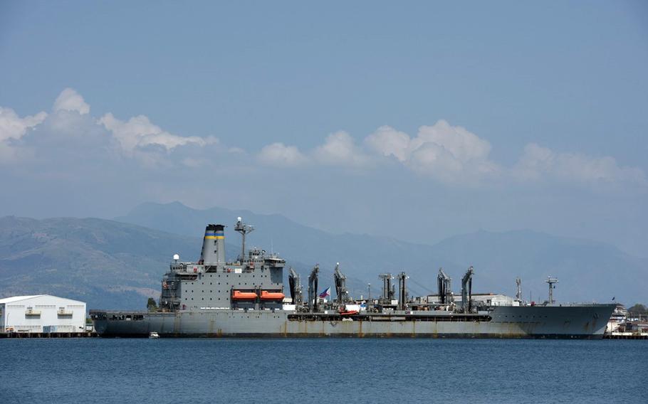 A U.S. Navy replenishment oiler, the USNS Big Horn, docks in Subic Bay while participating in Balikatan training in the Philippines, April 23, 2023.
