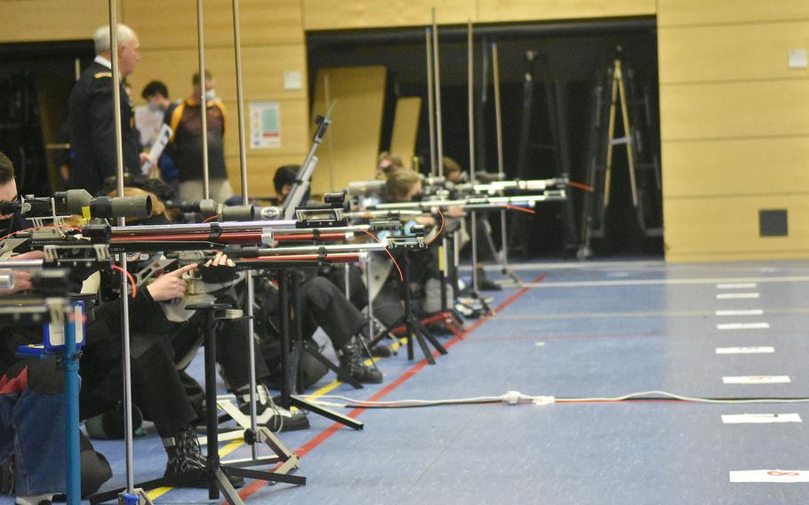 Student athletes from across Northern Europe take aim at targets during the DODEA-Europe marksmanship championships Saturday, Feb. 5, 2022, at Wiesbaden High School.