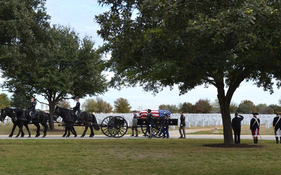 Members of the Military Funeral Honors-Caisson Platoon from Joint Base San Antonio-Fort Sam Houston deliver the remains of Pfc. Clinton Edward Smith to Fort Sam Houston National Cemetery in San Antonio, Texas, on Nov. 27, 2023. Smith died in combat in Reipertswiller, France, during World War II on Jan. 14, 1945. The Defense POW/MIA Accounting Agency identified Smith’s remains last year.