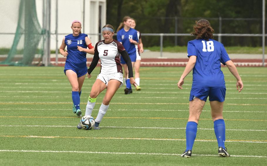 Vilseck sophomore Ana Switala works the ball downfield during a game against Wiesbaden on May 4, 2024, in Wiesbaden, Germany.