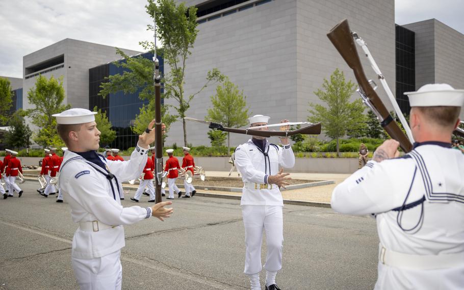 Members of the U.S. Navy Ceremonial Guard practice